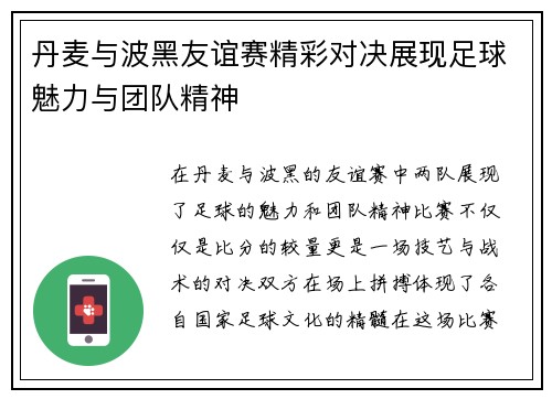 丹麦与波黑友谊赛精彩对决展现足球魅力与团队精神